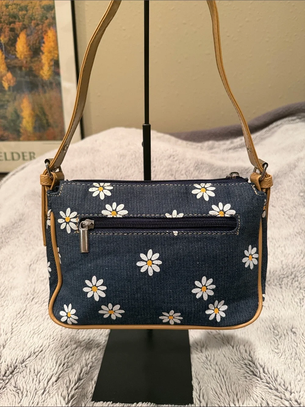 Denim Daisy Print Shoulder Bag with Tan Trim